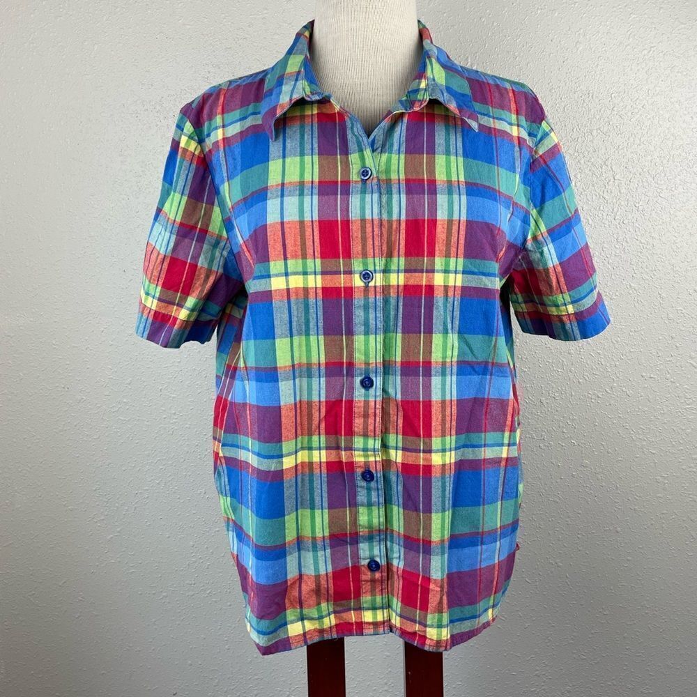 Appleseed’s Short Sleeve Plaid Button Down Shirt Size 16 EUC